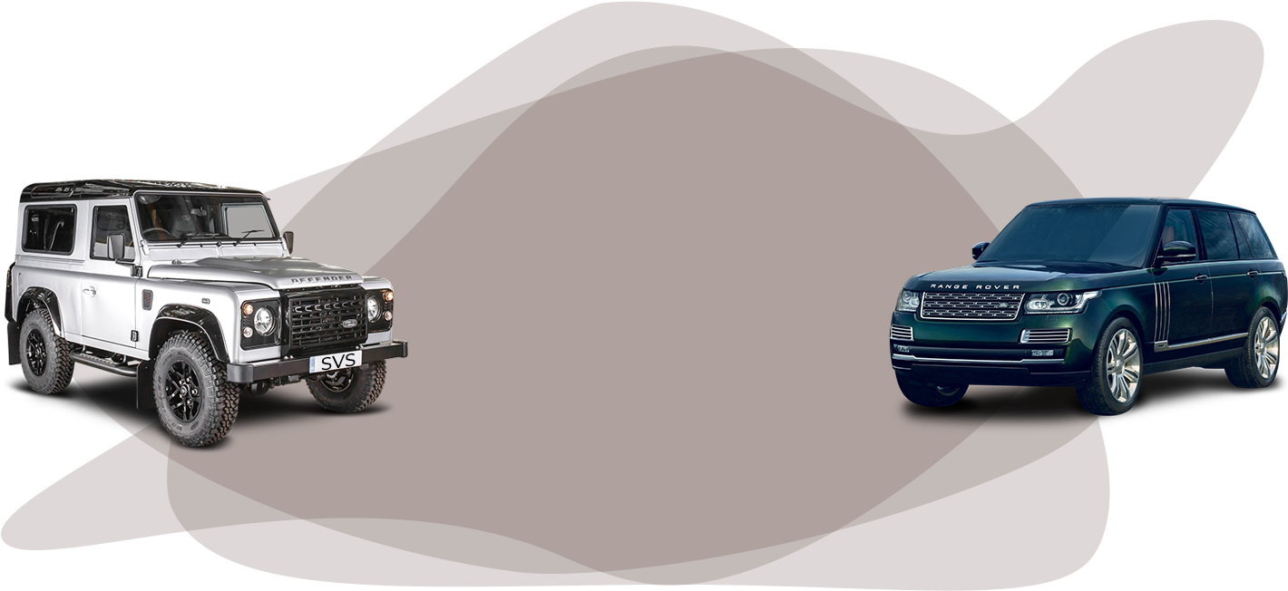 荒原路華 桌布 壁紙 — 兩輛豪華SUV，一輛堅固的白色Land Rover Defender和一輛時尚的深藍色Range Rover，在極簡的棕色抽象背景前面對面。