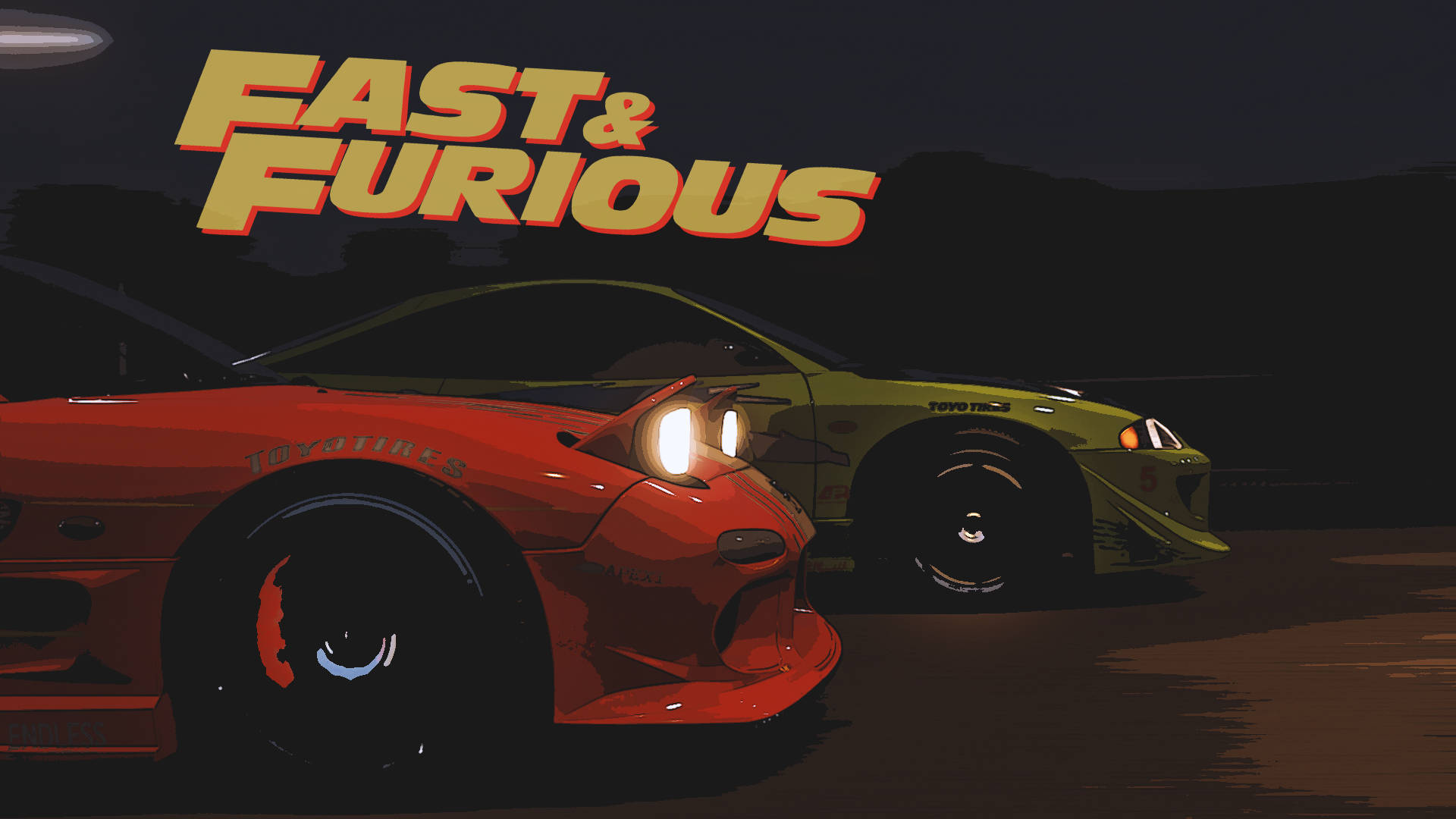 fast 桌布 壁紙 — 兩輛賽車在夜間燈光下發光，上方有「Fast & Furious」標誌。
