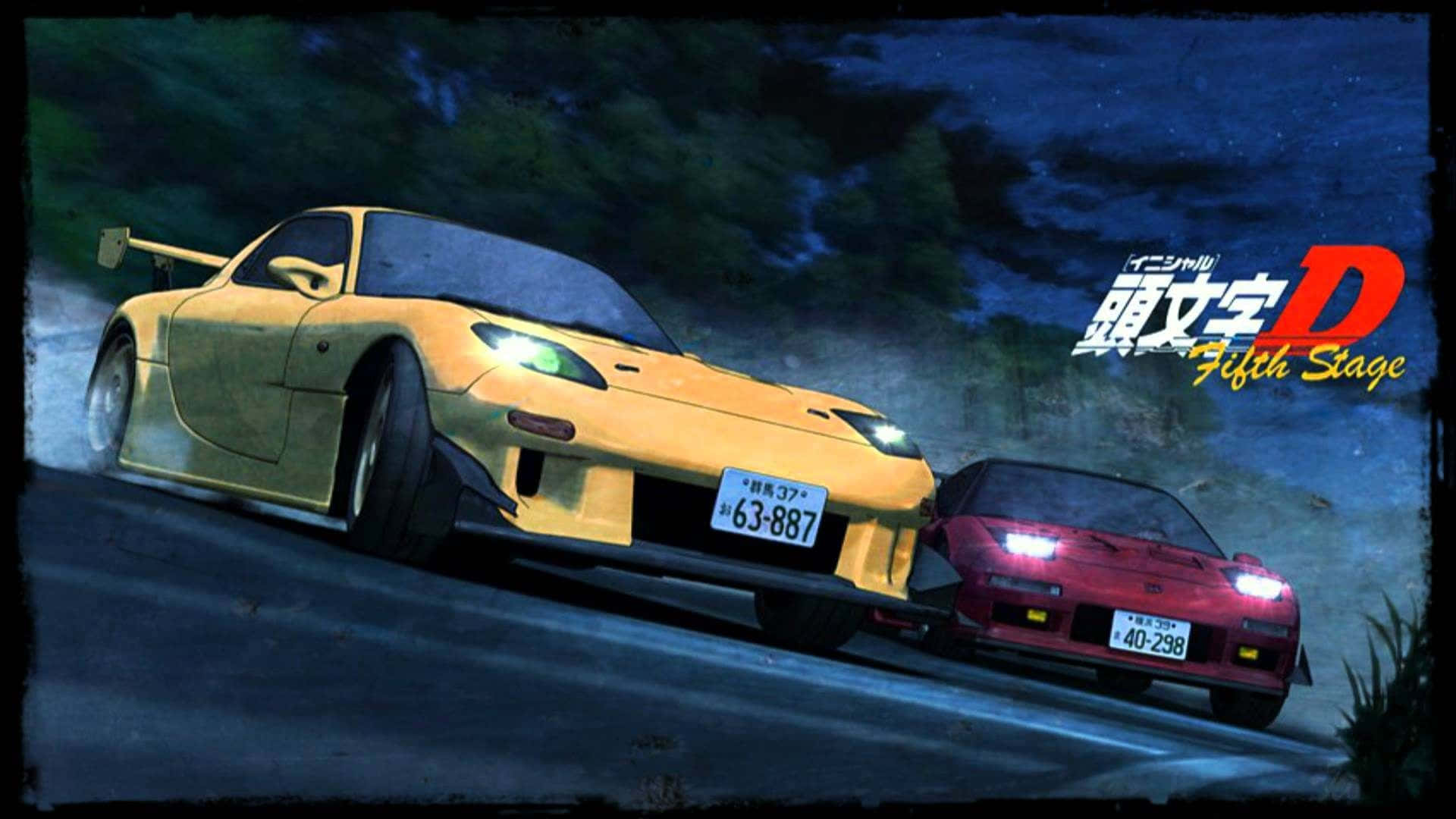 動漫 桌布 壁紙 — 兩輛賽車在星空下的濕滑夜路上並排漂移，帶有動態模糊和發光的車頭燈。