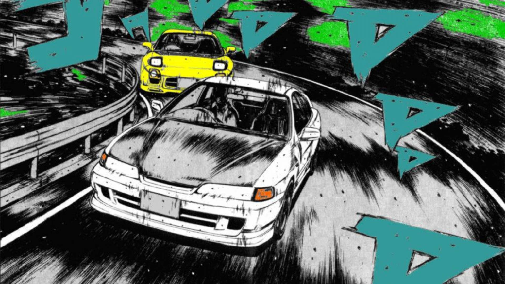 Initial 桌布 壁紙 — 兩輛賽車在蜿蜒的道路上飛馳，大膽的青綠色和綠色塗鴉風格箭頭強調了運動感。