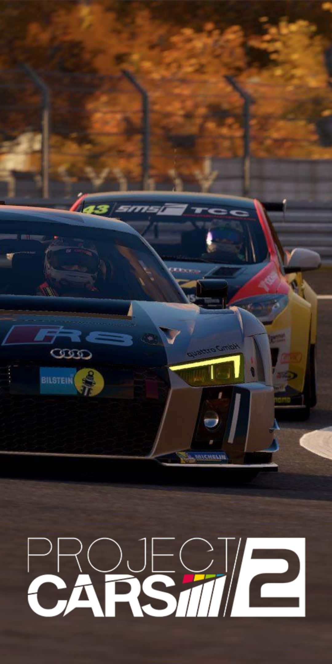Pixel 3 Project Cars 2 桌布 壁紙 — 兩輛賽車在賽道上競逐，秋天的樹木在金色夕陽下閃耀。