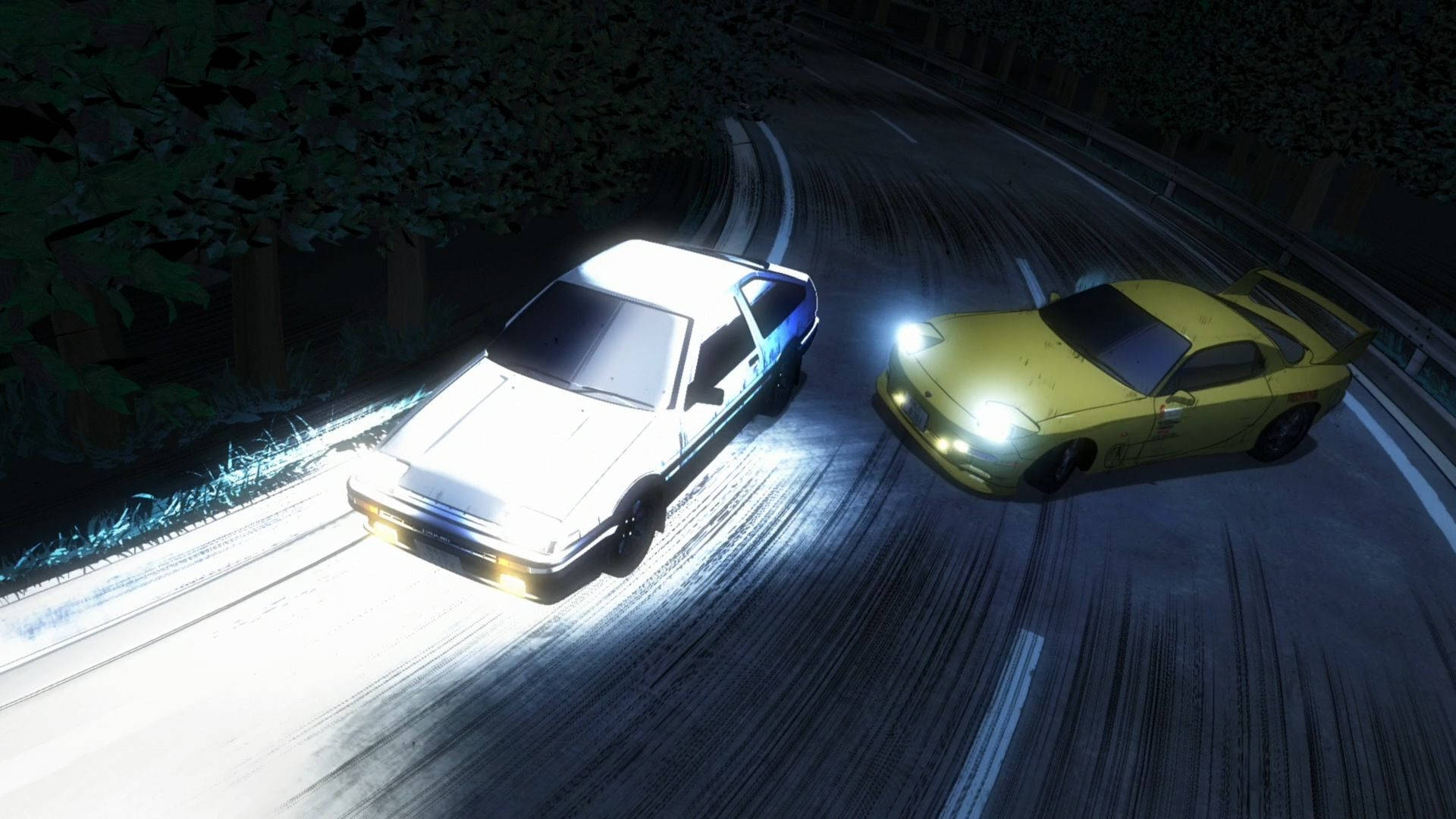 D 桌布 壁紙 — 兩輛跑車在潮濕的夜間彎道漂移，車頭燈劃破黑暗，輪胎濺起水花。