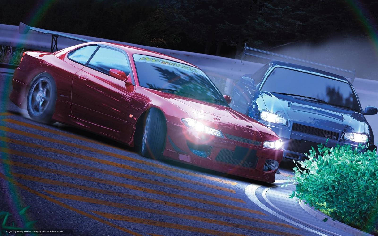 Initial 桌布 壁紙 — 兩輛跑車在潮濕的賽道彎道上飄移，帶有發光的車頭燈和彩虹鏡頭光暈。