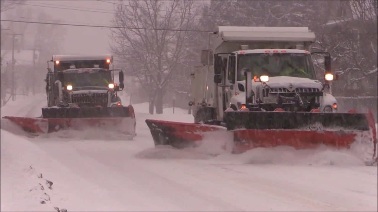 Snowplow 桌布 壁紙 — 兩輛除雪車在冬季道路上與大雪搏鬥，道路兩旁有光禿禿的樹木，微弱的燈光在暴風雪中閃爍。