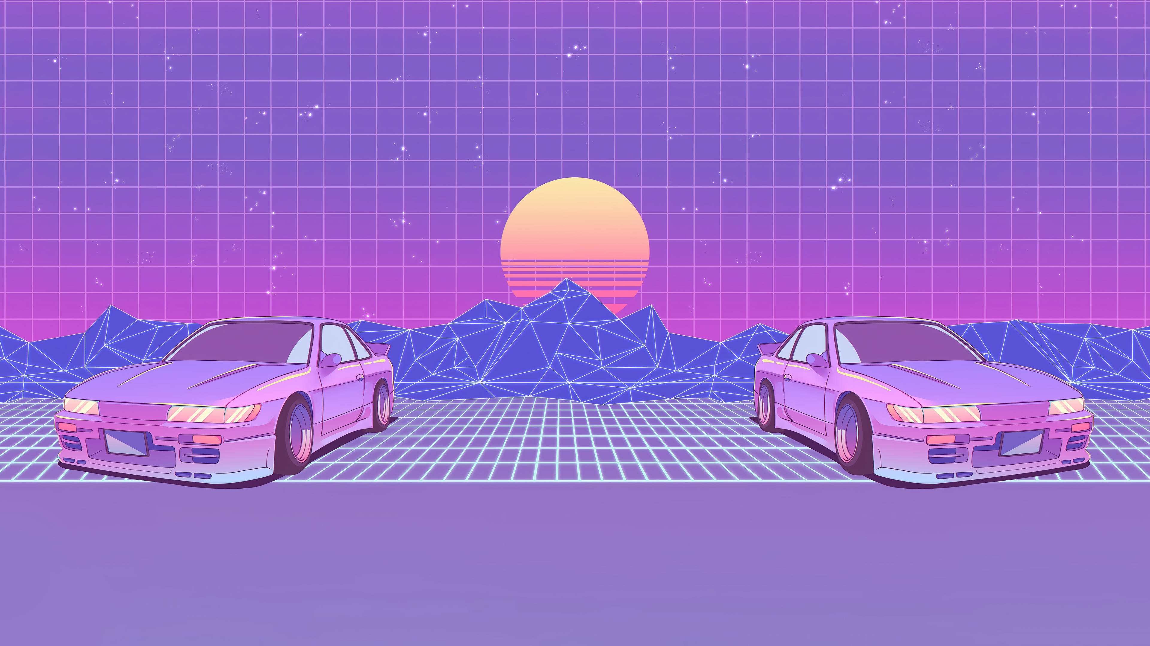 Vaporwave 桌布 壁紙 — 兩輛霓虹粉紅色跑車在發光的網格上滑行，背景是紫色日落和幾何山脈。