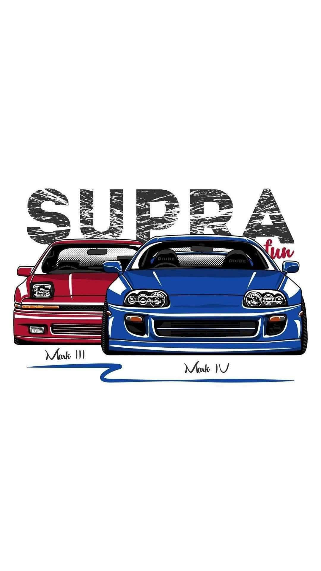 兩輛插圖Supra汽車，標有Mark III和Mark IV，上方有粗體文字。 — Toyota Supra Mk4 壁紙