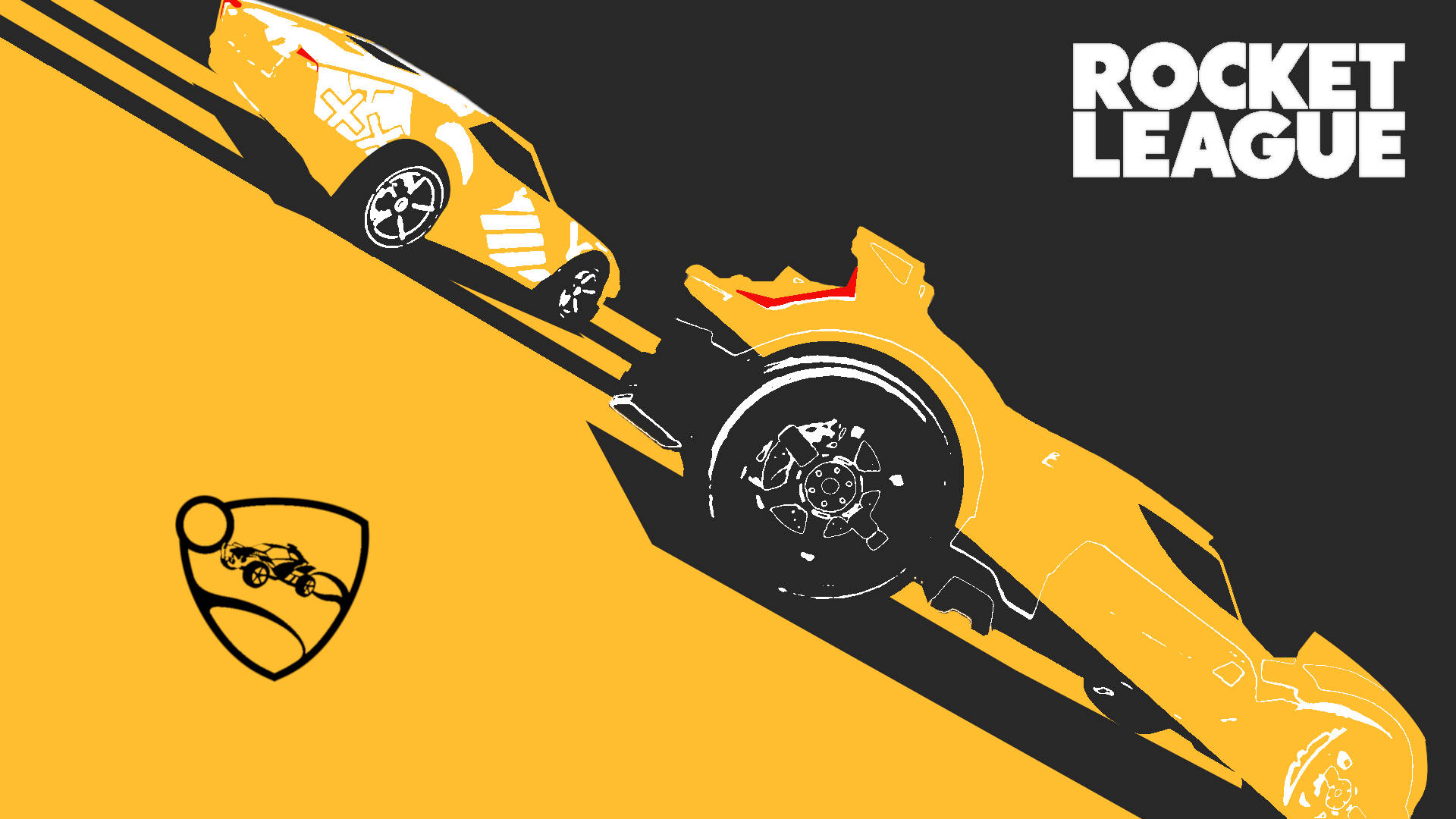 火箭聯盟 桌布 壁紙 — 兩輛風格化的黃色賽車在帶有Rocket League標誌的醒目黃黑背景上對角線競速。