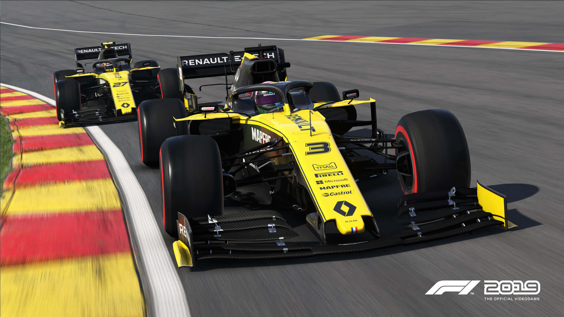 Formula 1 桌布 壁紙 — 兩輛黃黑相間的雷諾一級方程式賽車在帶有紅黃路緣和模糊運動的賽道上緊密競賽。