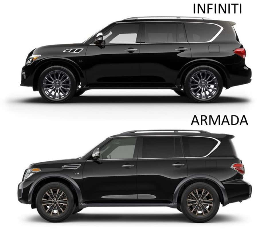 Family Car 桌布 壁紙 — 兩輛黑色Infiniti QX80 SUV在攝影棚燈光下並排展示，背景為純白色。
