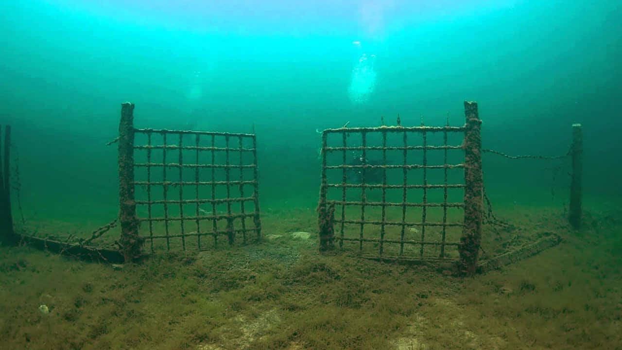 Underwater Scary Ocean 桌布 壁紙 — 兩道生鏽的金屬閘門被遺棄在沙質海底，沐浴在碧綠的海水中，遠處隱約可見潛水員。