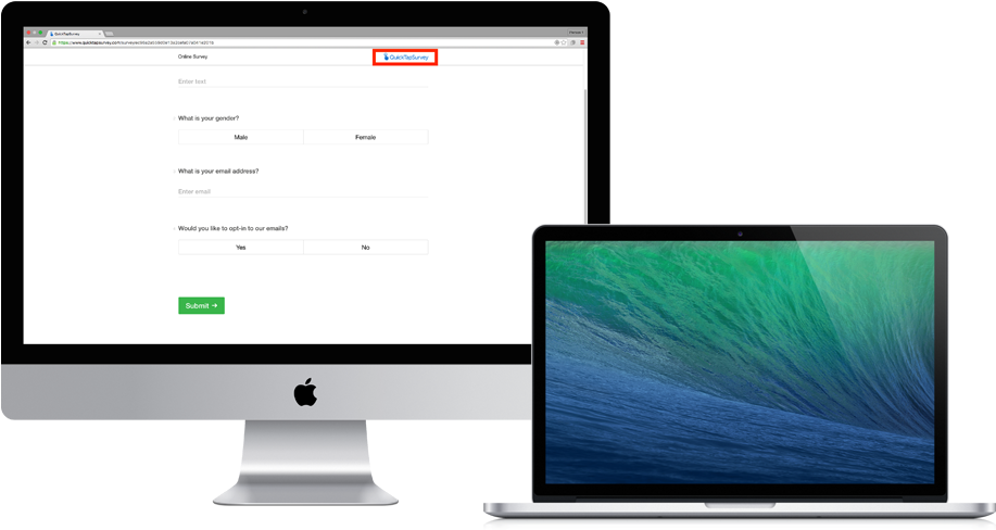 MacBook 動態圖片 桌布 壁紙 — 兩部 Apple 電腦在黑色背景上顯示約會調查表格和充滿活力的綠藍色波浪桌布。