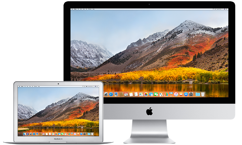 Mac 桌布 壁紙 — 兩部 Apple 電腦顯示一幅充滿活力的秋季山脈桌布，有雪覆蓋的山峰和金色樹葉倒映在平靜的水面上。