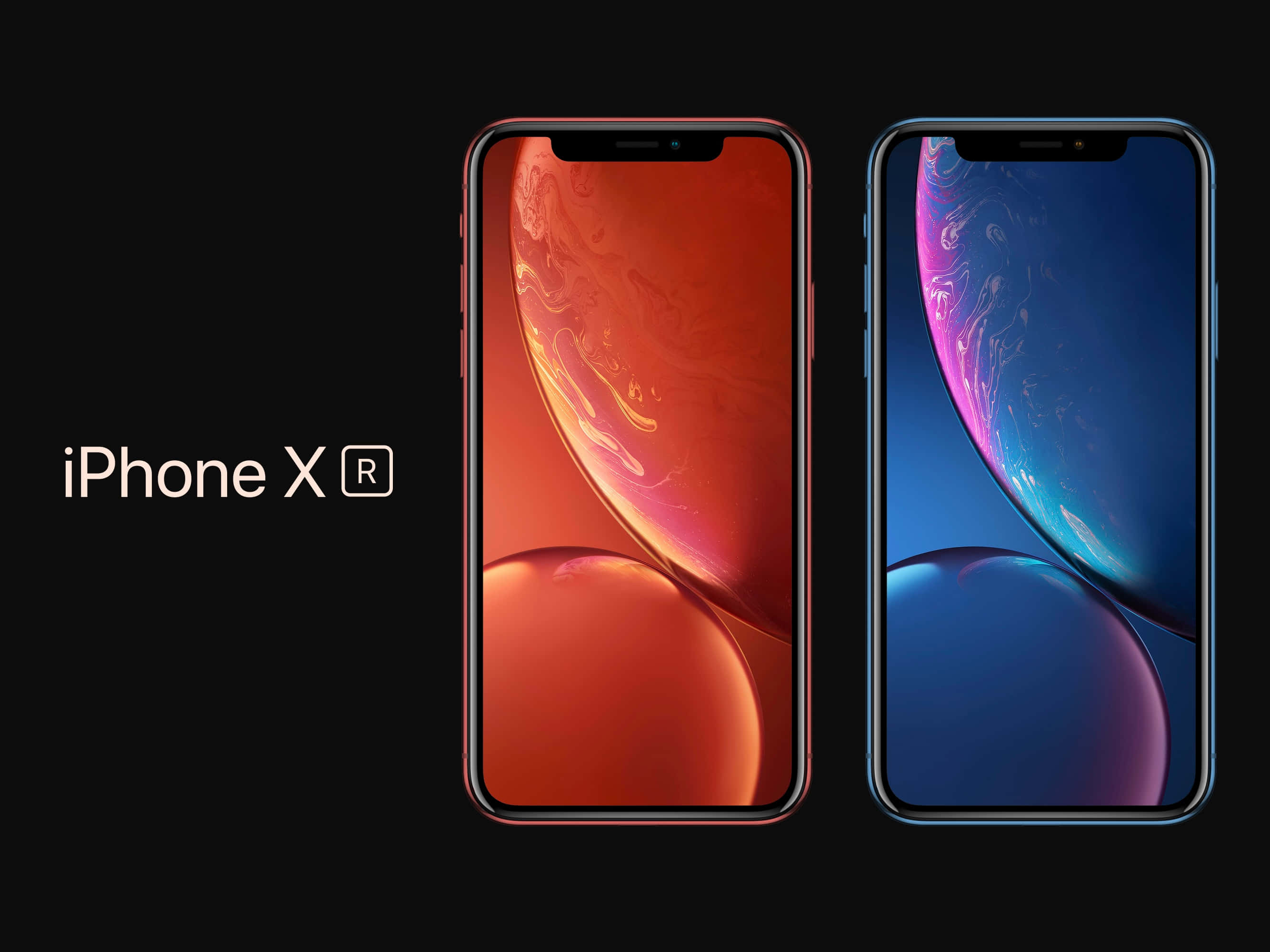 iPhone 美學 桌布 壁紙 — 兩部 iPhone XR 在黑色背景上顯示充滿活力的旋轉星球桌布。