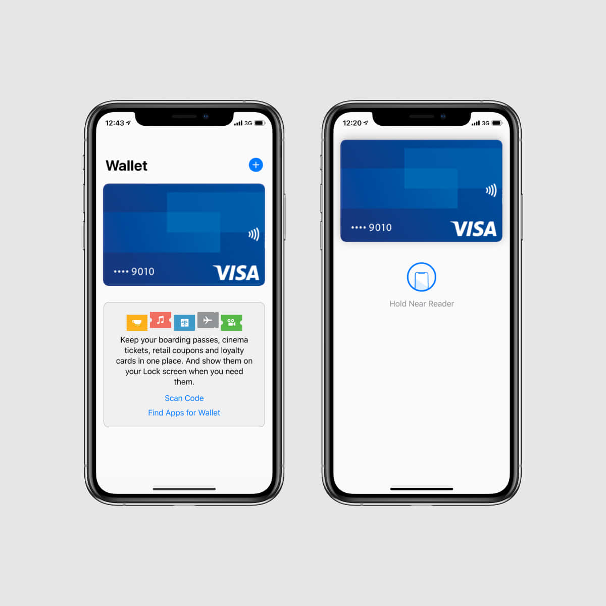 Apple Pay 桌布 壁紙 — 兩部 iPhone 顯示 Apple Wallet 應用程式，其中一部顯示 Visa 卡詳細資料，另一部提示將裝置靠近讀卡機。