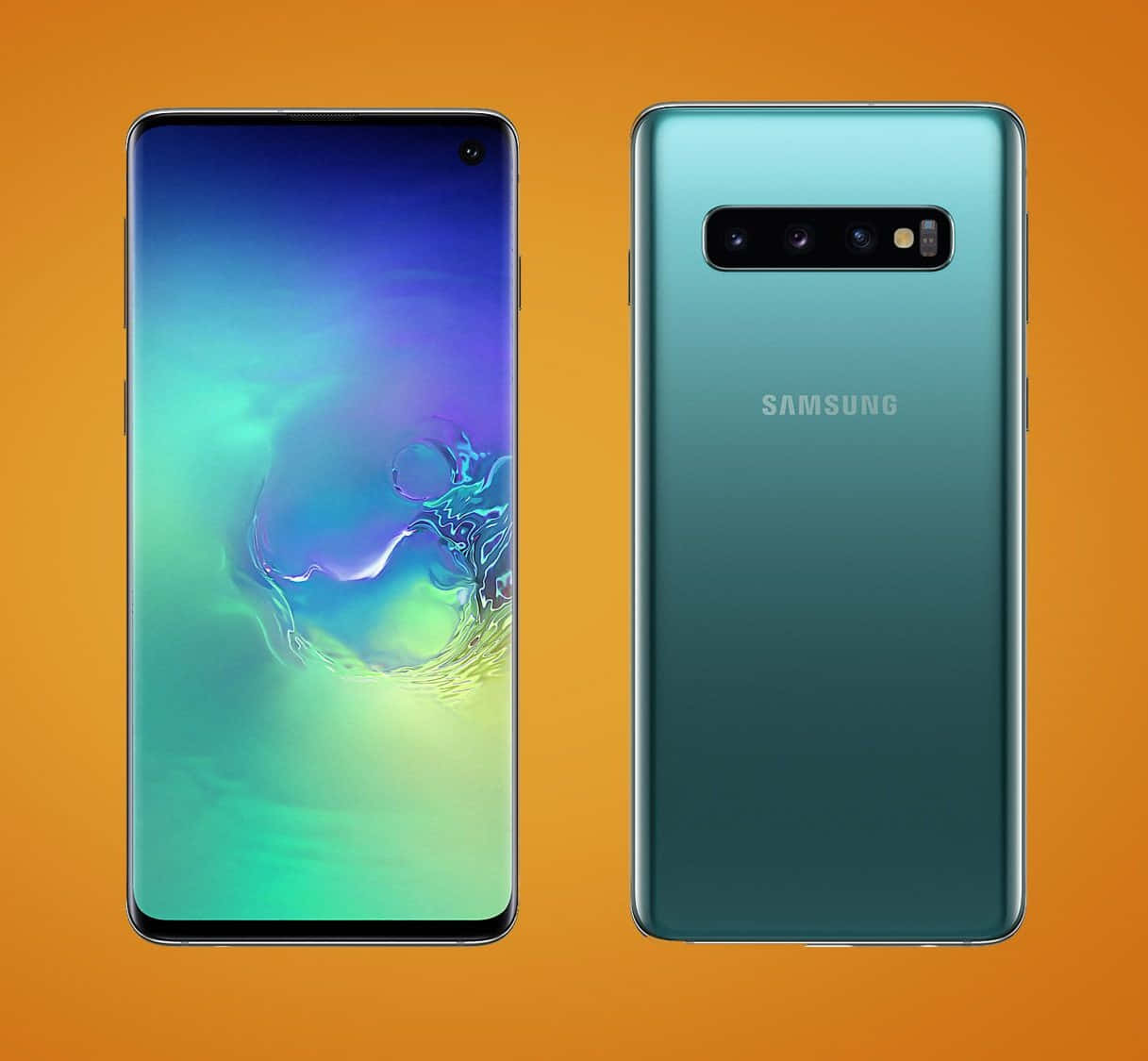 Galaxy S10 桌布 壁紙 — 兩部 Samsung Galaxy S10 手機在純橙色背景前顯示正面和背面。