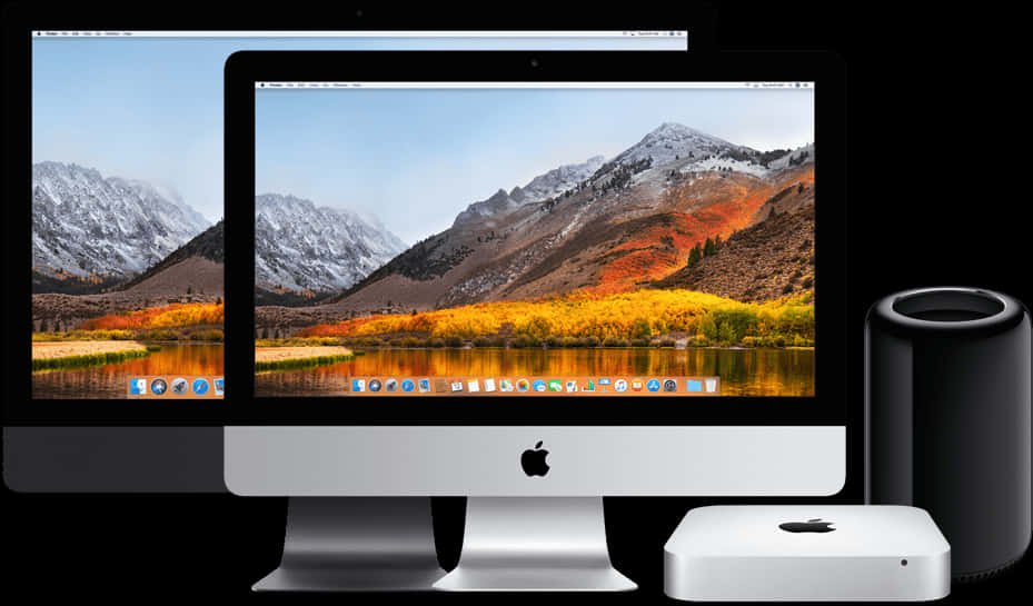 Mac 桌布 壁紙 — 兩部Apple iMac和一部Mac mini展示了一幅充滿活力的秋季山脈壁紙，白雪覆蓋的山峰和金色的樹葉倒映在平靜的水面上。