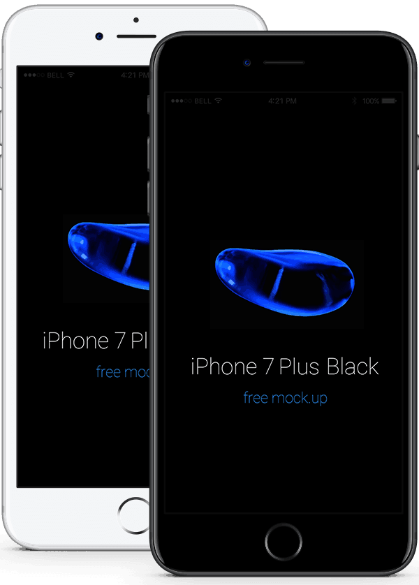 白色 iPhone 桌布 壁紙 — 兩部iPhone，一白一黑，顯示一個藍色發光物體，並附有文字將其識別為iPhone 7 Plus模擬圖。