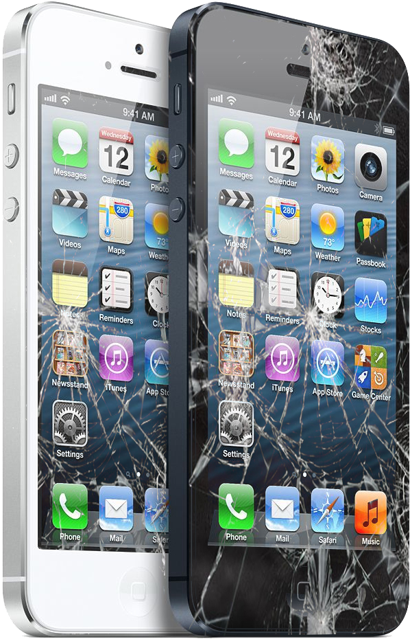 Screen 桌布 壁紙 — 兩部iPhone並排放置，一白一黑，兩者螢幕均破裂，顯示iOS主畫面應用程式。