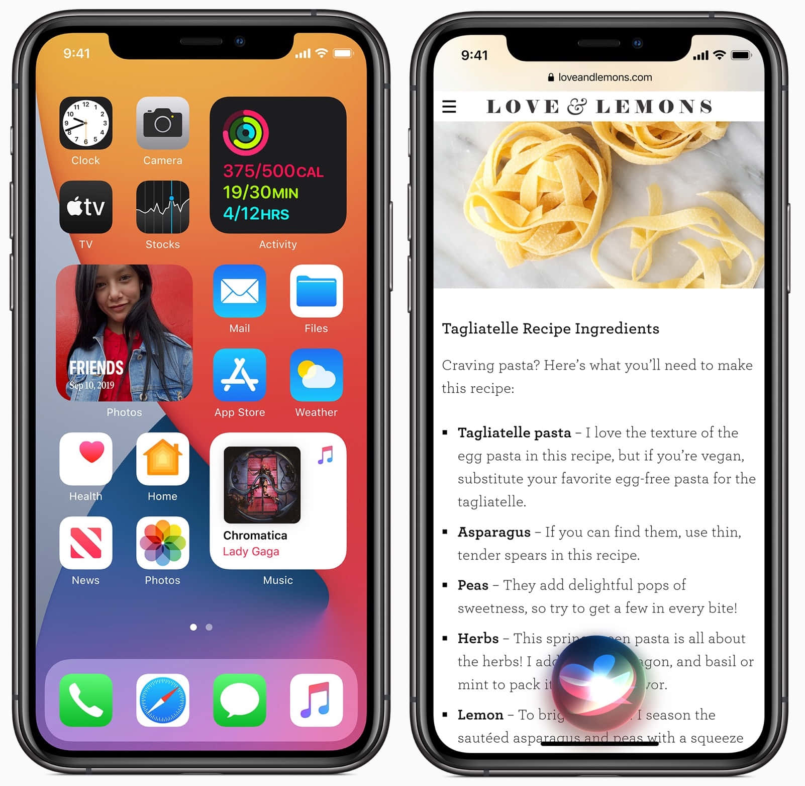 iPhone 美學 桌布 壁紙 — 兩部iPhone並排放置，一部顯示帶有應用程式圖標和健身追蹤器的主屏幕，另一部顯示意大利麵食譜網頁。