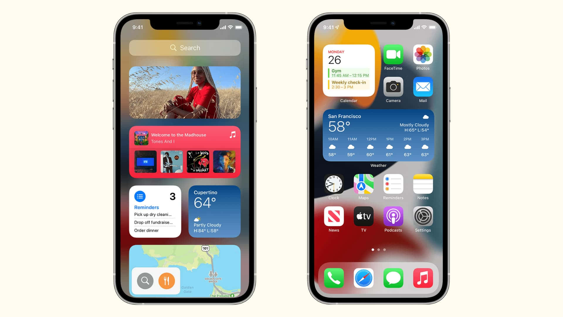 兩部iPhone顯示帶有小工具和應用程式圖示的iOS主畫面。 — iOS 14 GIF 壁紙