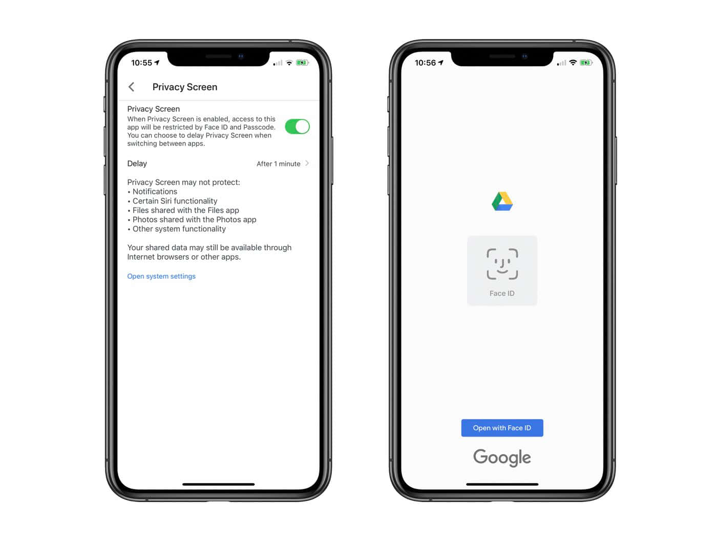 Face Id 桌布 壁紙 — 兩部iPhone並排顯示隱私螢幕設定及使用Face ID的Google登入。