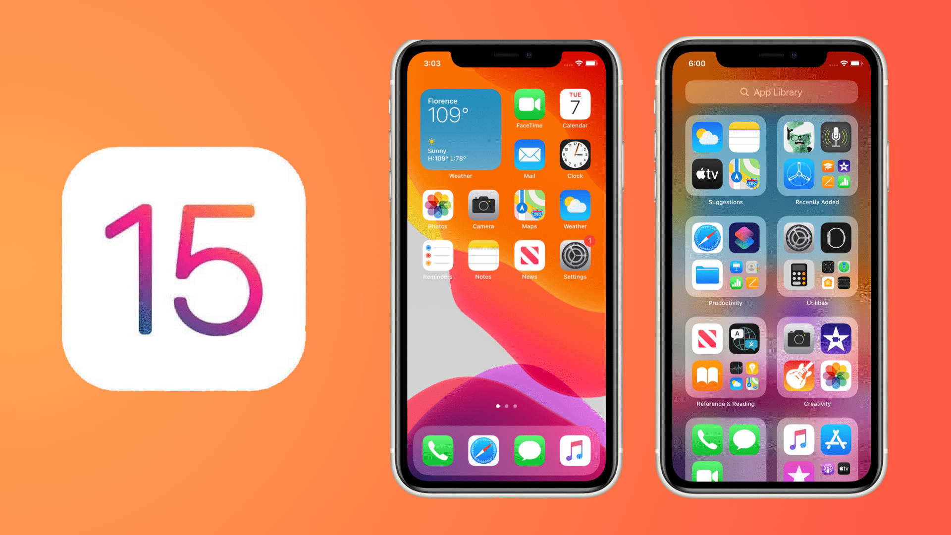 iOS 15 桌布 壁紙 — 兩部iPhone在橙色漸變背景上展示iOS 15介面，並帶有iOS 15標誌。