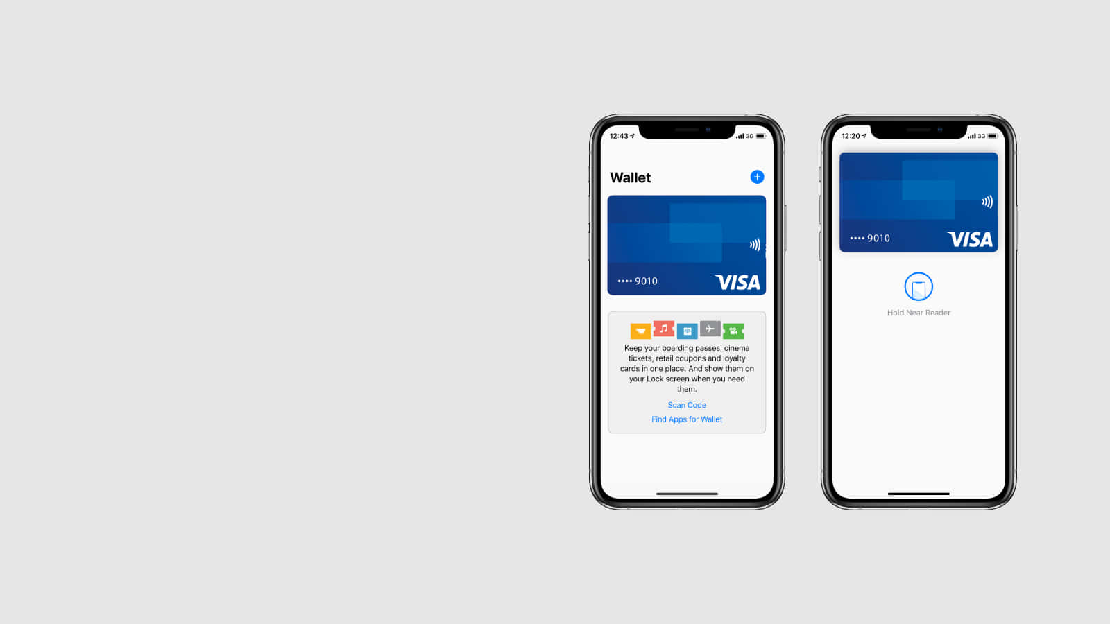 Smartphone 桌布 壁紙 — 兩部iPhone在純淺灰色背景上顯示Apple Wallet應用程式，帶有Visa卡和NFC支付介面。