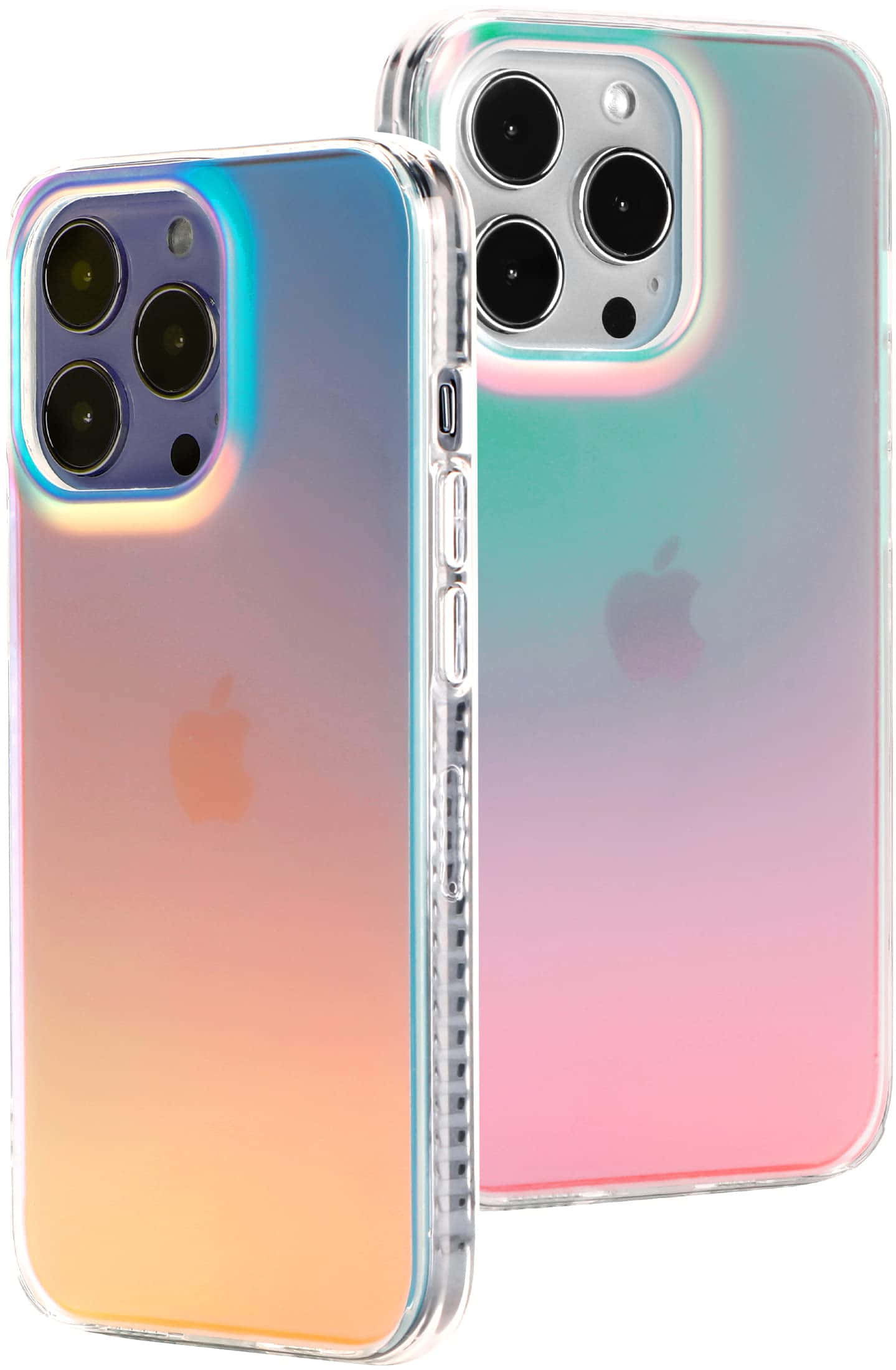 iPhone 桌布 壁紙 — 兩部iPhone裝在彩虹漸變色保護殼中，在純白背景上散發彩虹色調。