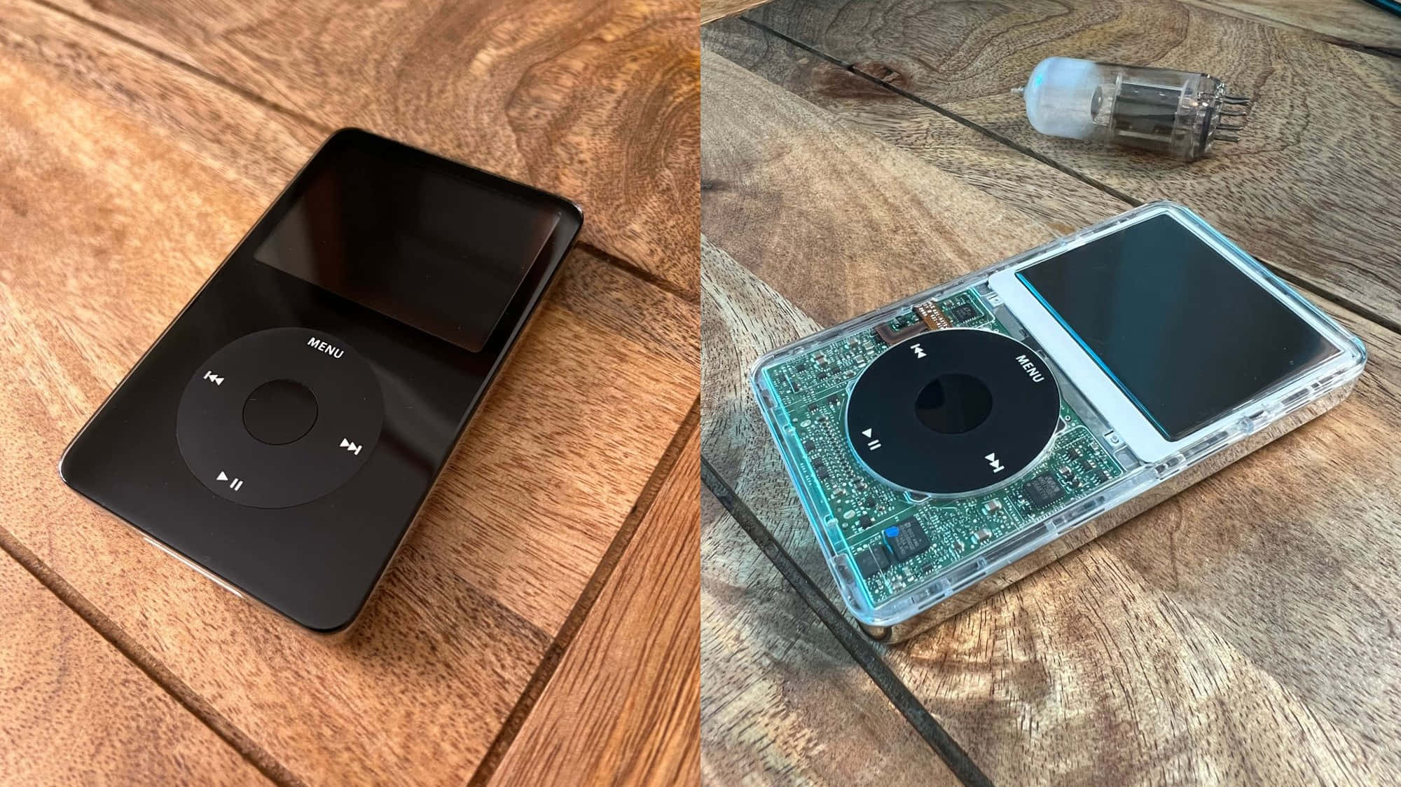 Music Player 桌布 壁紙 — 兩部iPod classic放在木板上，一部黑色一部透明，露出綠色電路，旁邊有一個玻璃真空管。
