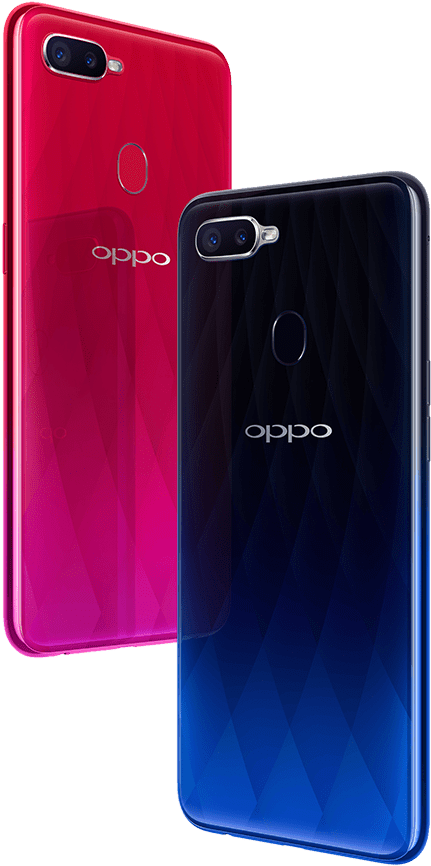 Oppo Mobile 桌布 壁紙 — 兩部亮面Oppo智慧型手機，一部紅粉漸變，另一部藍色漸變，兩部都在黑色背景上顯示後置相機和標誌。