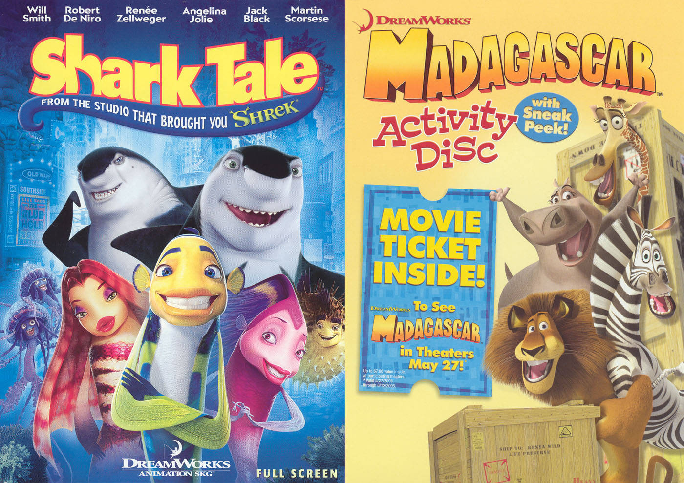 Shark Tale 桌布 壁紙 — 兩部夢工廠動畫電影封面，包括《鯊魚黑幫》和《馬達加斯加》，色彩繽紛的卡通角色和粗體文字。