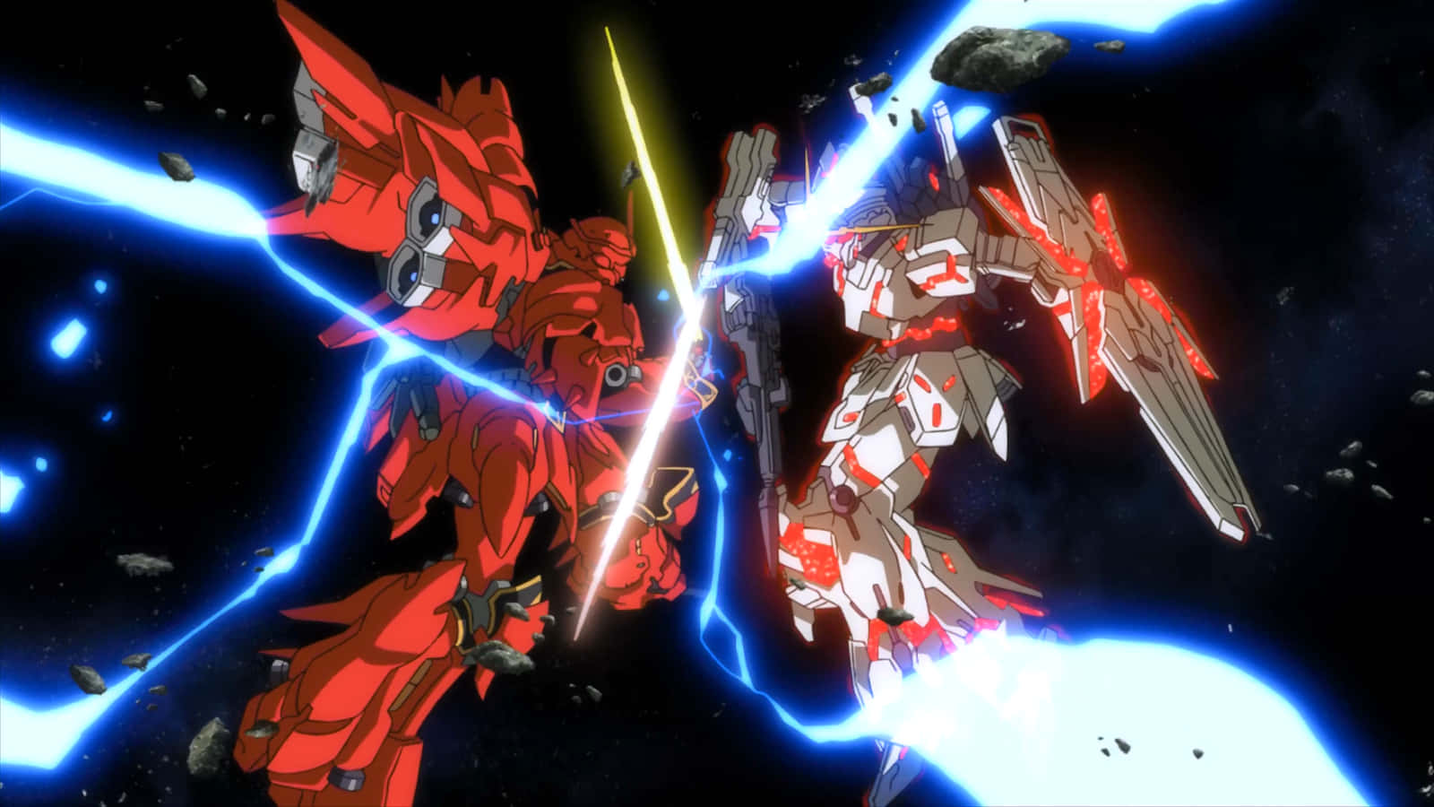 Gundam Unicorn 桌布 壁紙 — 兩部巨型機甲在太空中用發光劍和藍色能量光束在漂浮的小行星中交戰。
