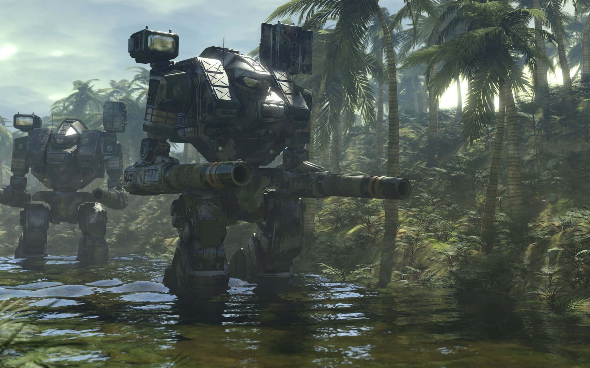 Battletech 桌布 壁紙 — 兩部巨大的裝甲戰爭機器在茂密的熱帶叢林中涉水而過，周圍有棕櫚樹。