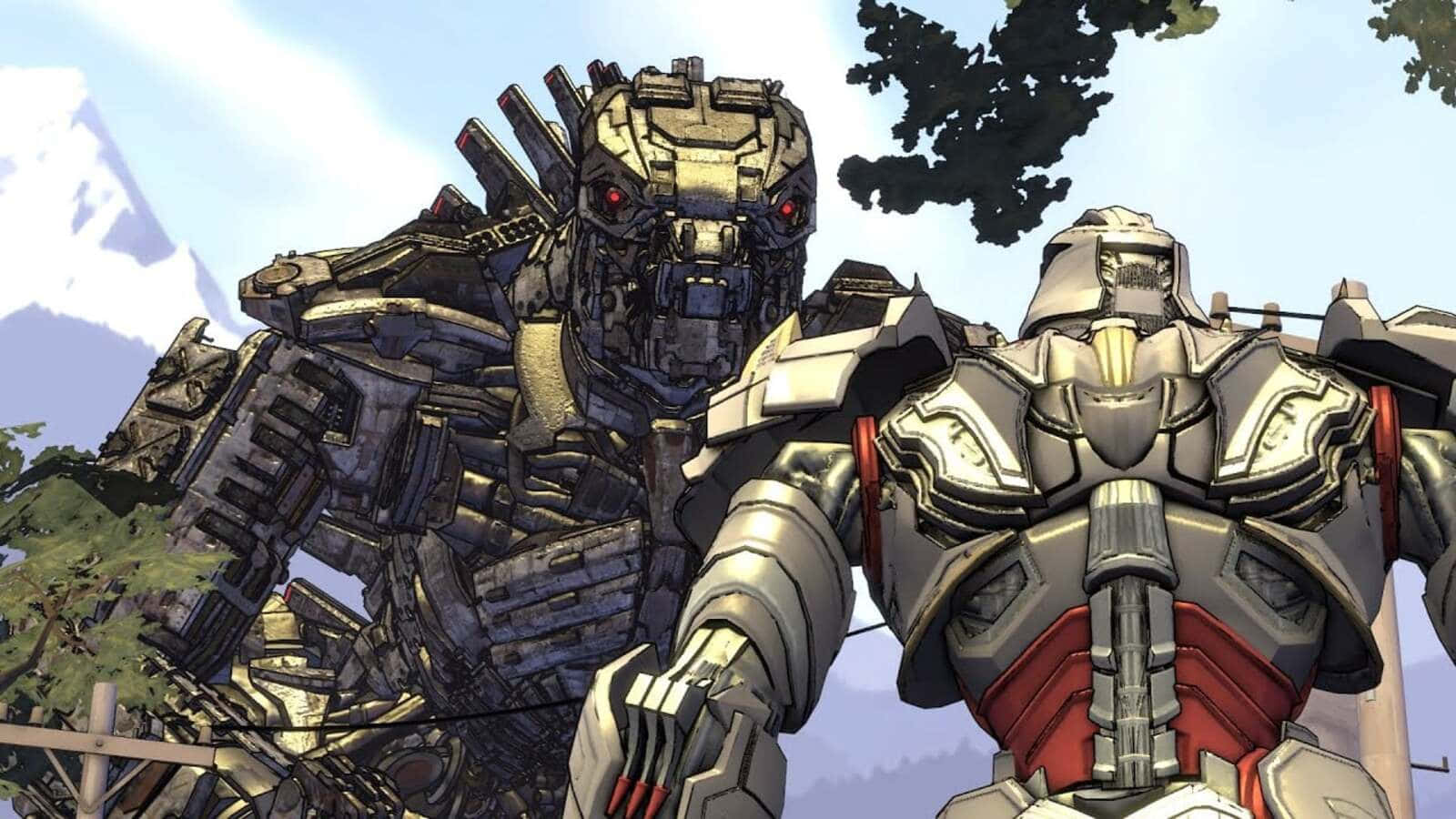 mechagodzilla 桌布 壁紙 — 兩部巨大的裝甲機器人站在山區景觀中，其中一部有發光的紅色眼睛，身後有煙霧升起。