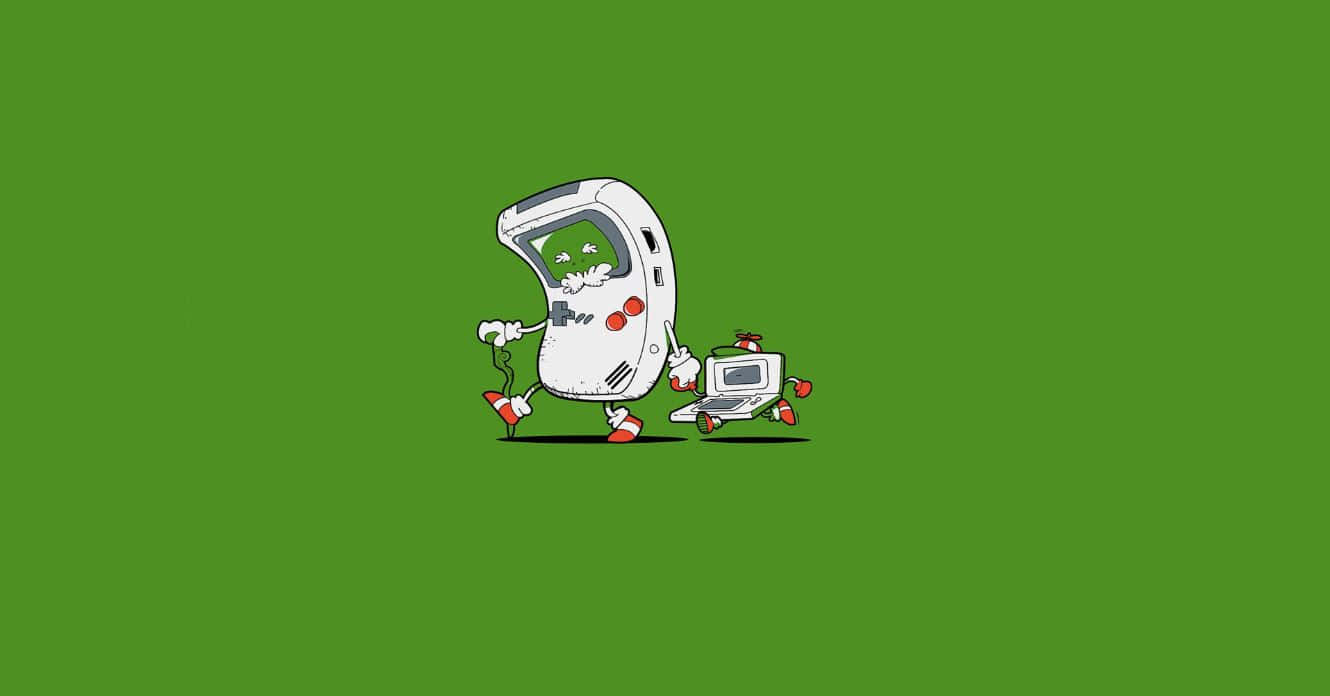 Retro Gaming 桌布 壁紙 — 兩部帶有手腳的卡通遊戲機在純綠色背景上並排奔跑。