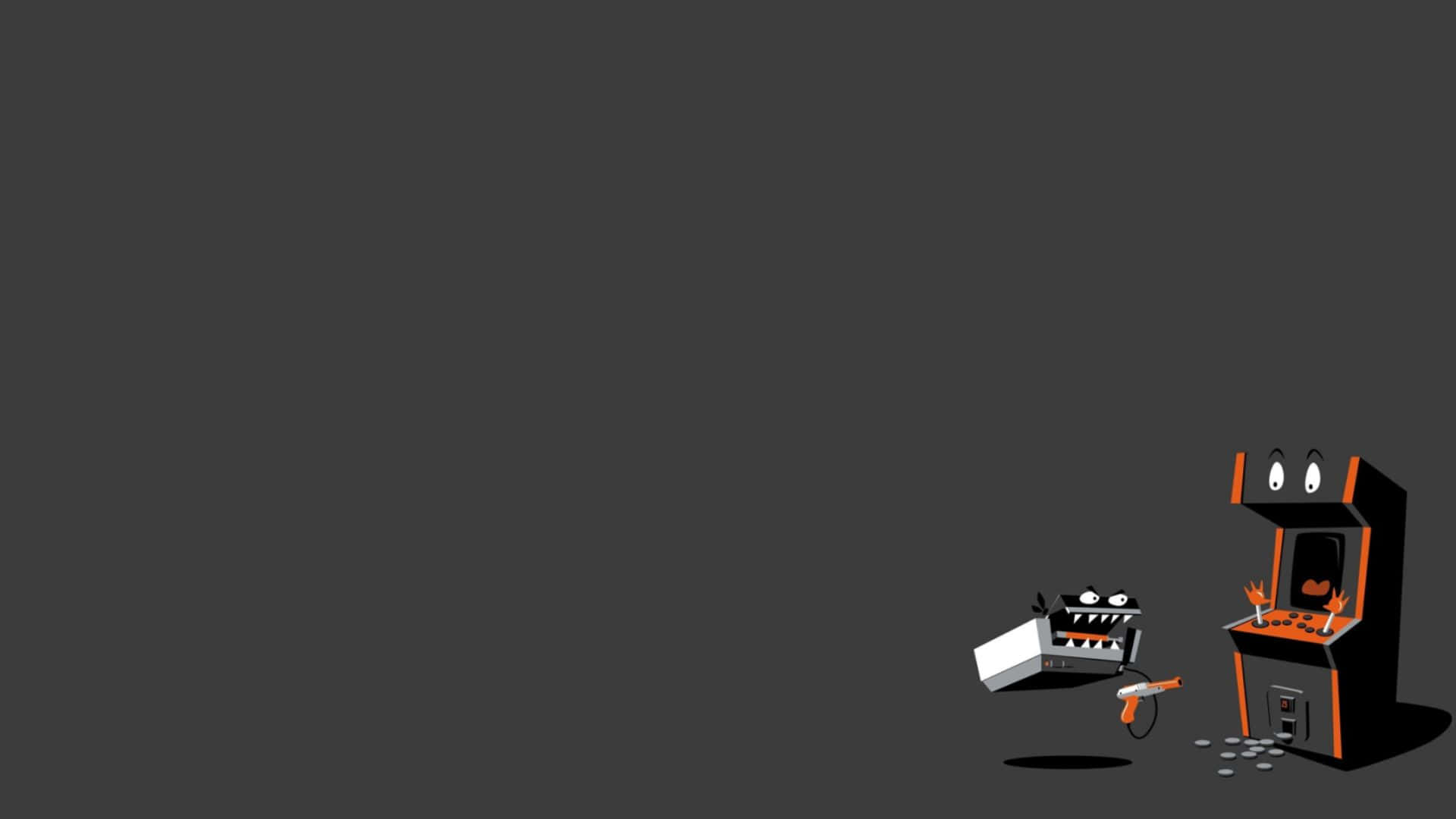 Minimalist Game 桌布 壁紙 — 兩部帶有面孔和手臂的卡通街機，站在深灰色背景上，一部直立，一部翻倒，硬幣散落一地。