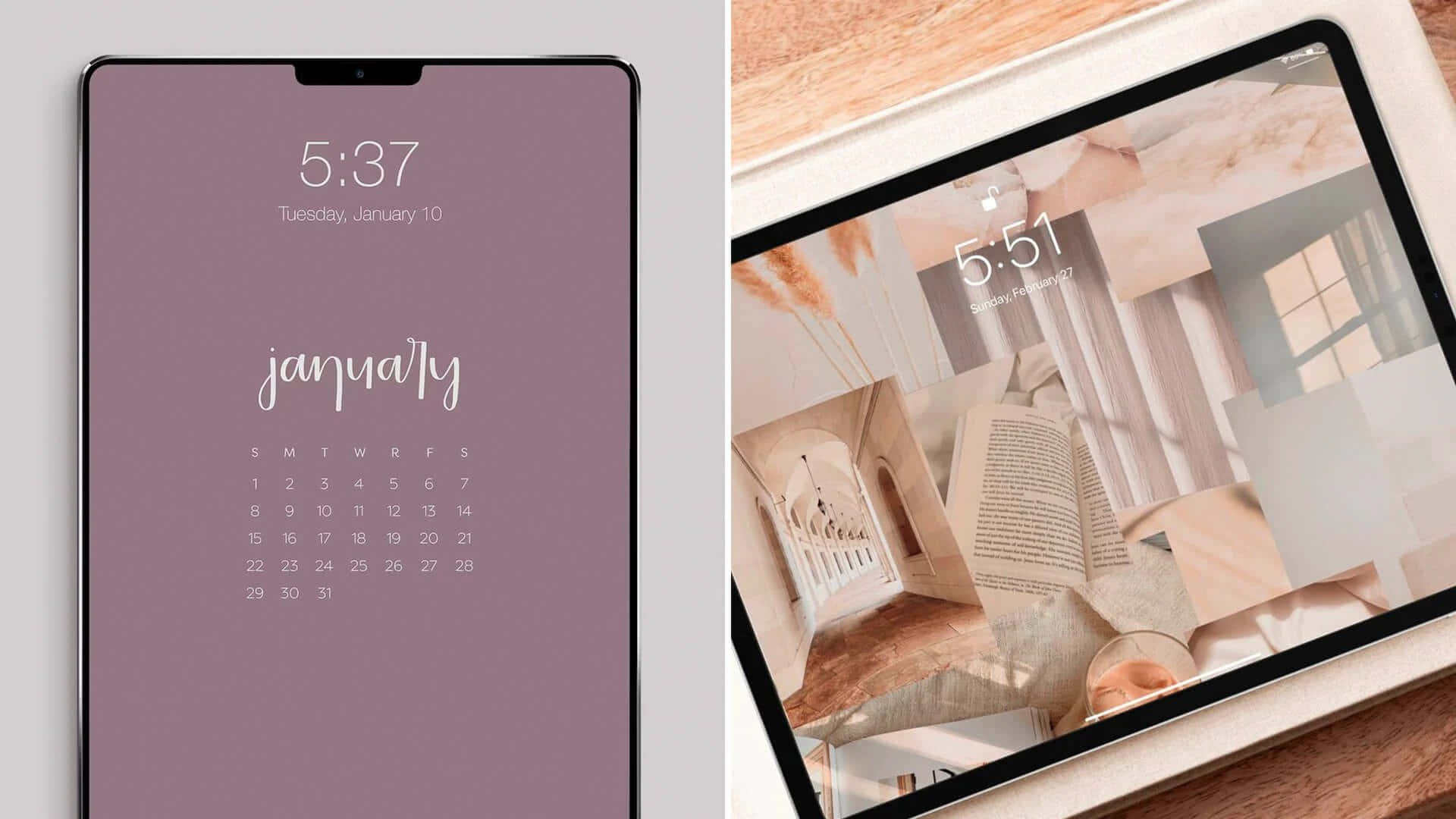 iPad 桌布 壁紙 — 兩部平板電腦顯示極簡風格壁紙，一部帶有薰衣草色日曆，另一部帶有暖色調的書籍與建築拼貼。
