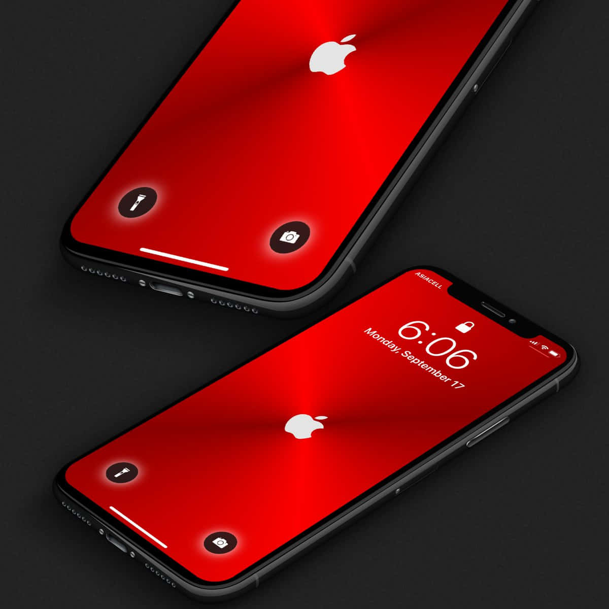 iPhone X Apple Logo 桌布 壁紙 — 兩部時尚iPhone，在深色表面上顯示鮮豔的紅色螢幕，展示Apple標誌和鎖定螢幕詳細資訊。