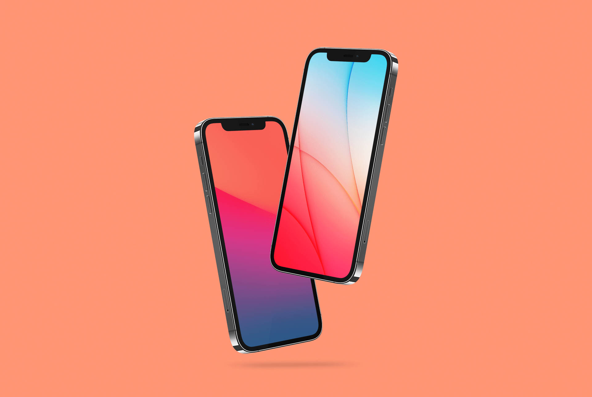Apple iPhone 預設 桌布 壁紙 — 兩部時尚智慧型手機漂浮在純桃色背景上，顯示鮮豔的漸變螢幕。
