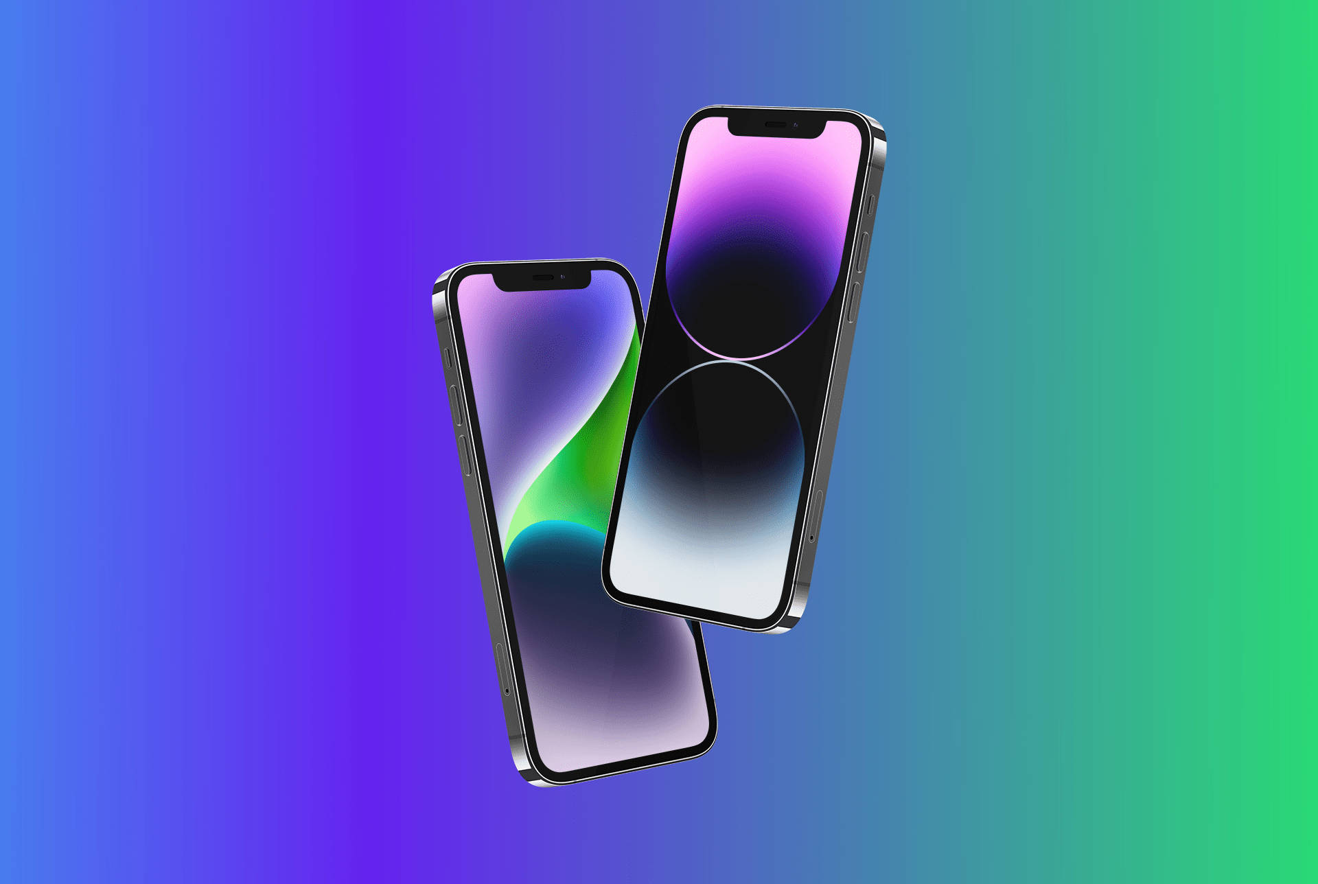 Apple iPhone 預設 桌布 壁紙 — 兩部時尚智慧型手機漂浮在紫色、藍色和綠色的鮮豔漸變背景上。