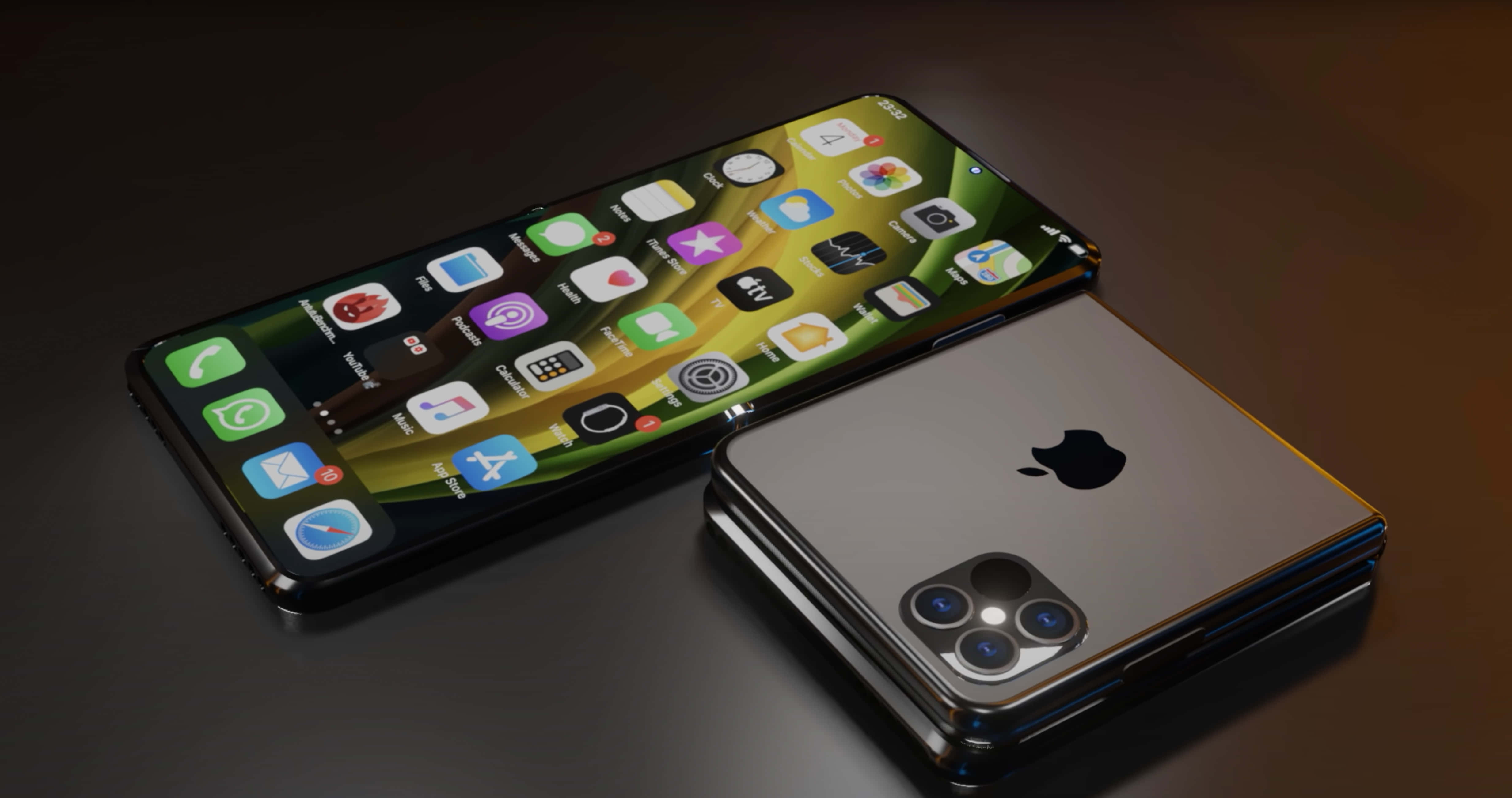 Apple Phone 桌布 壁紙 — 兩部時尚未來感iPhone，一部打開顯示色彩繽紛的應用程式，另一部關閉並帶有突出的相機模組，置於深色反光表面上。