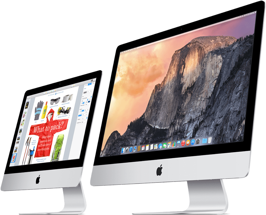 科技動圖 桌布 壁紙 — 兩部時尚的 iMac 在黑色背景上顯示山脈壁紙和旅行打包指南。