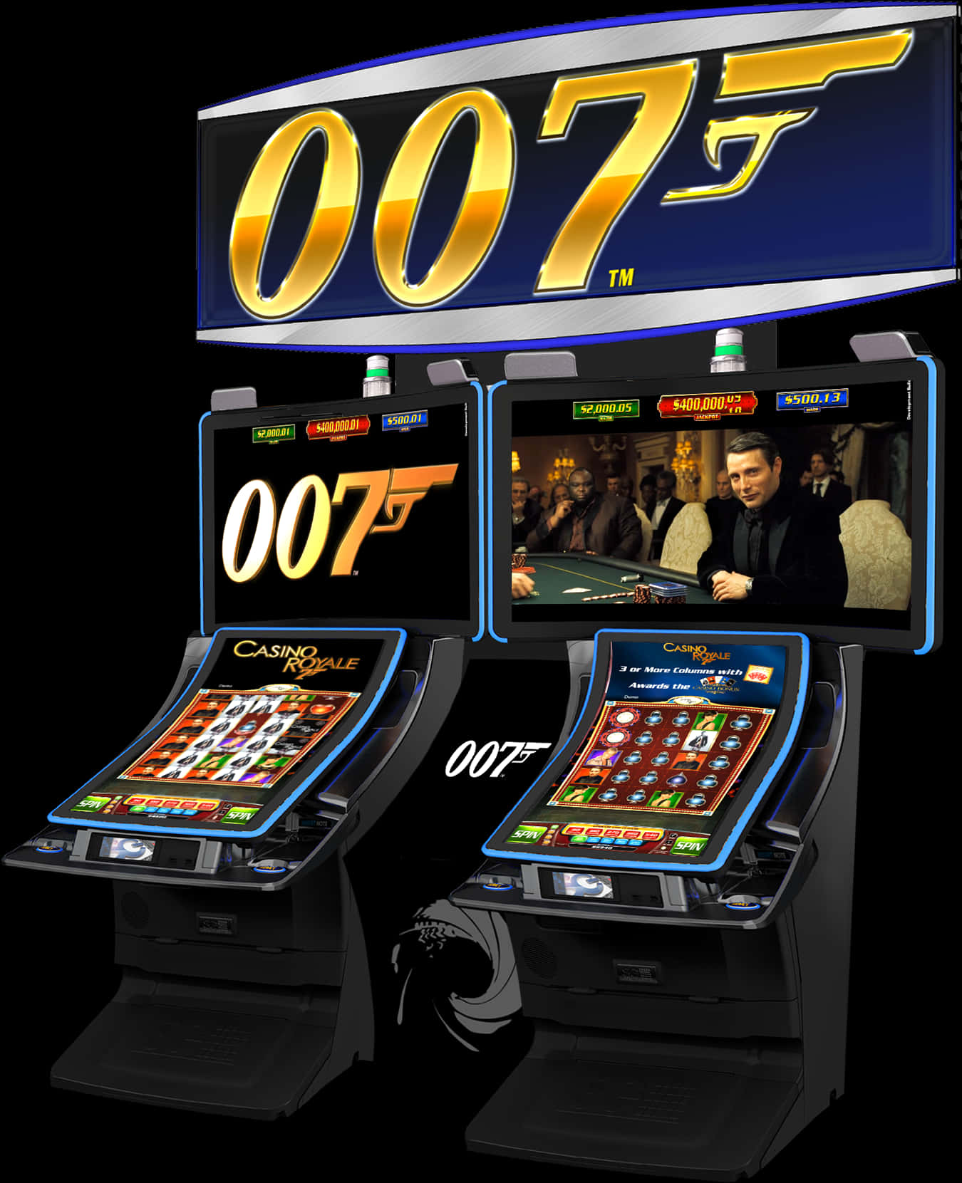 James Bond 007 桌布 壁紙 — 兩部時尚的007 Casino Royale老虎機，在黑色背景下閃耀著金色標誌和鮮豔的遊戲畫面。