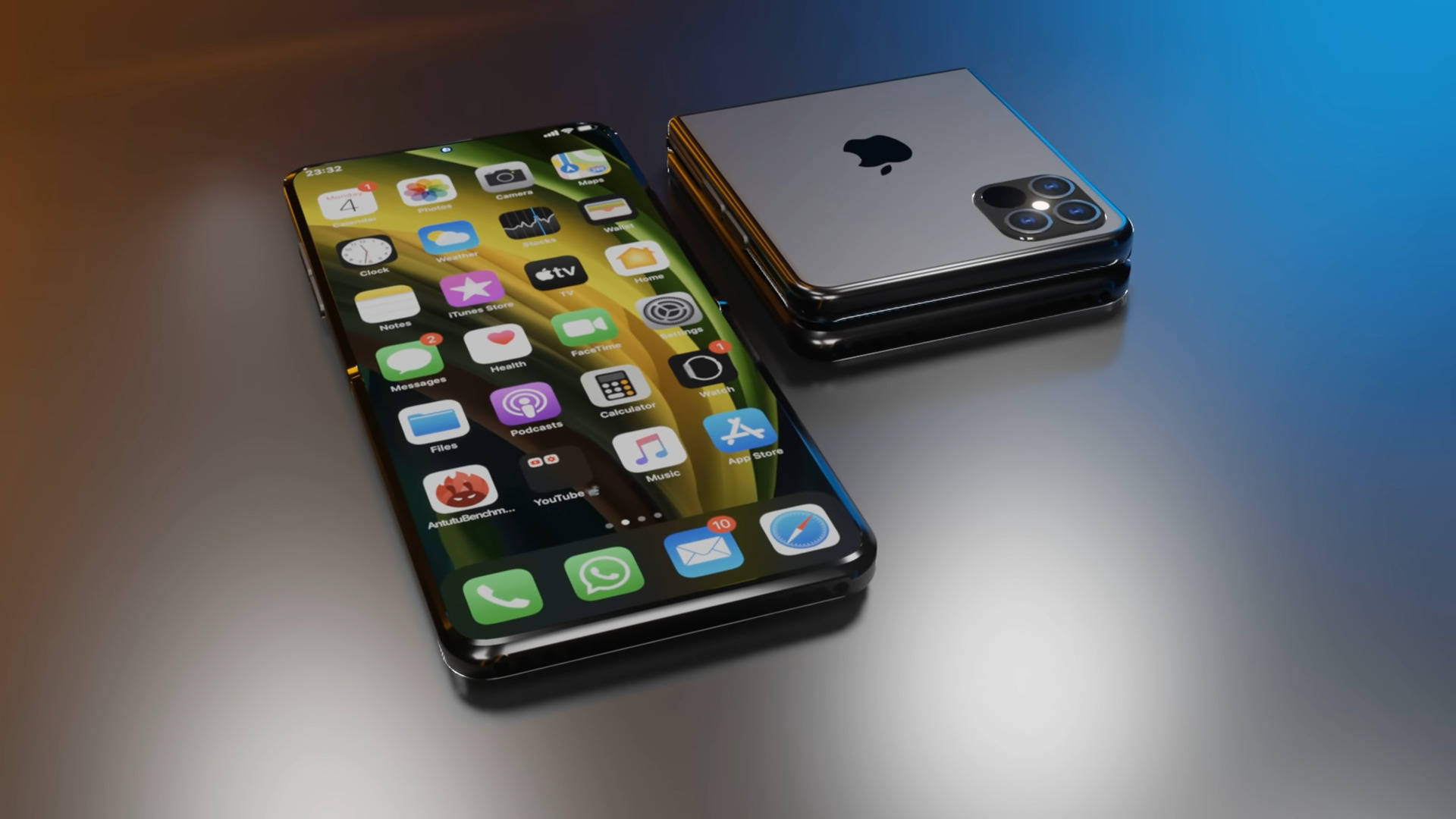 蘋果 桌布 壁紙 — 兩部時尚的iPhone，一部直立顯示彩色應用程式圖標，另一部平放，背景為漸變藍色。