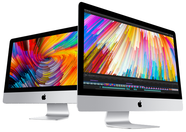 Mac 桌布 壁紙 — 兩部時尚的銀色 iMac 在黑色背景上展示充滿活力的抽象桌布。