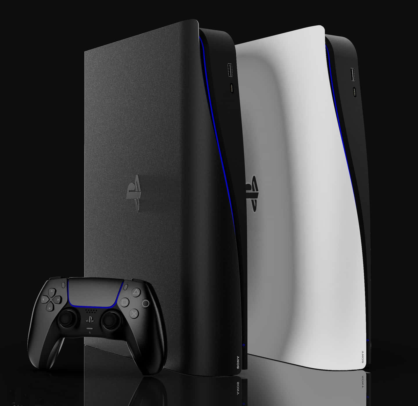 PS5 動態圖片 桌布 壁紙 — 兩部時尚的黑色和白色 PlayStation 5 主機並排站立，帶有發光的藍色邊緣，前面有一個控制器，放在反光表面上。