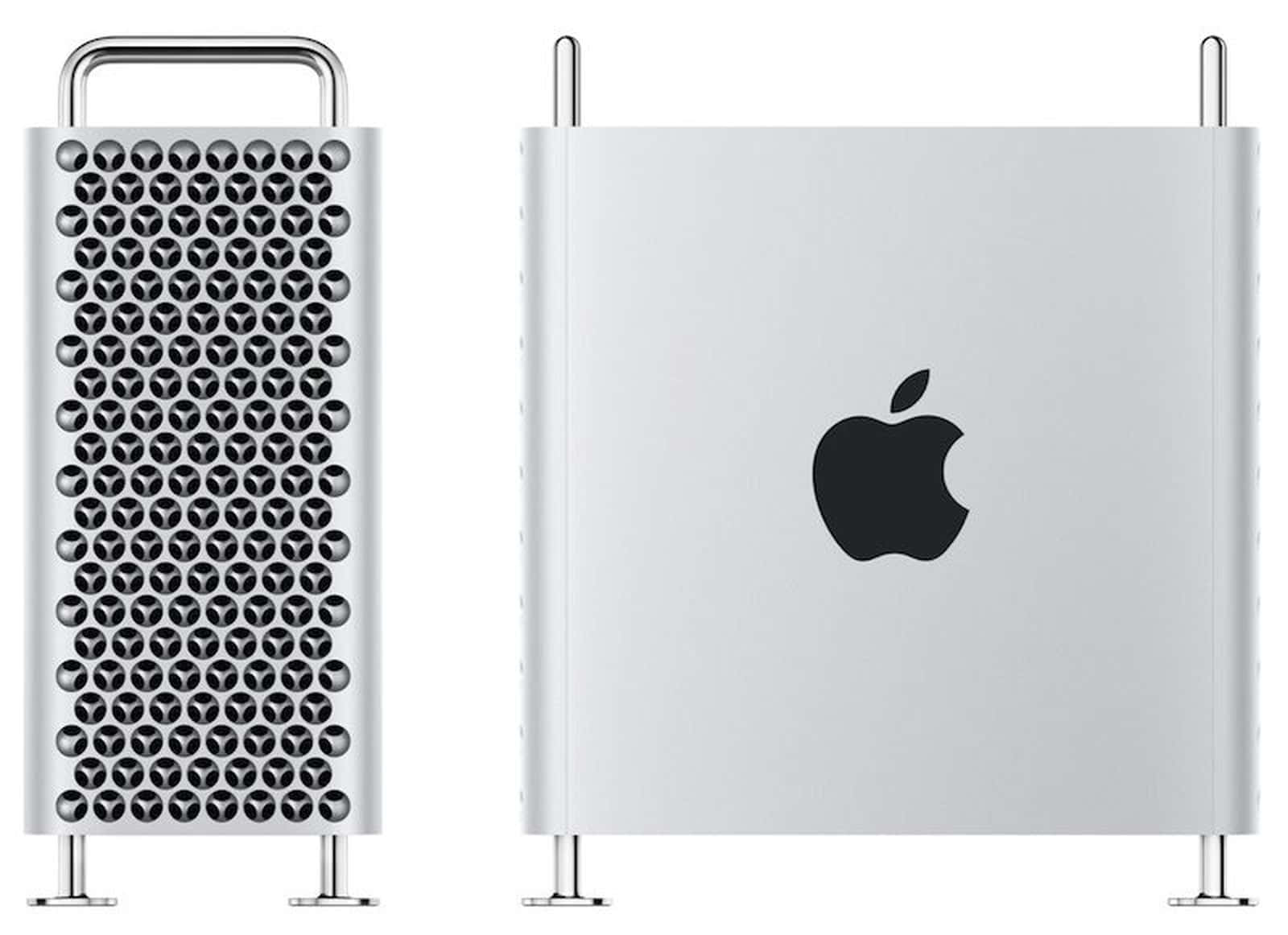 Mac 桌布 壁紙 — 兩部時尚銀色 Apple Mac Pro 塔式主機並排展示，一部前面有穿孔格柵，另一部背面有 Apple 標誌。