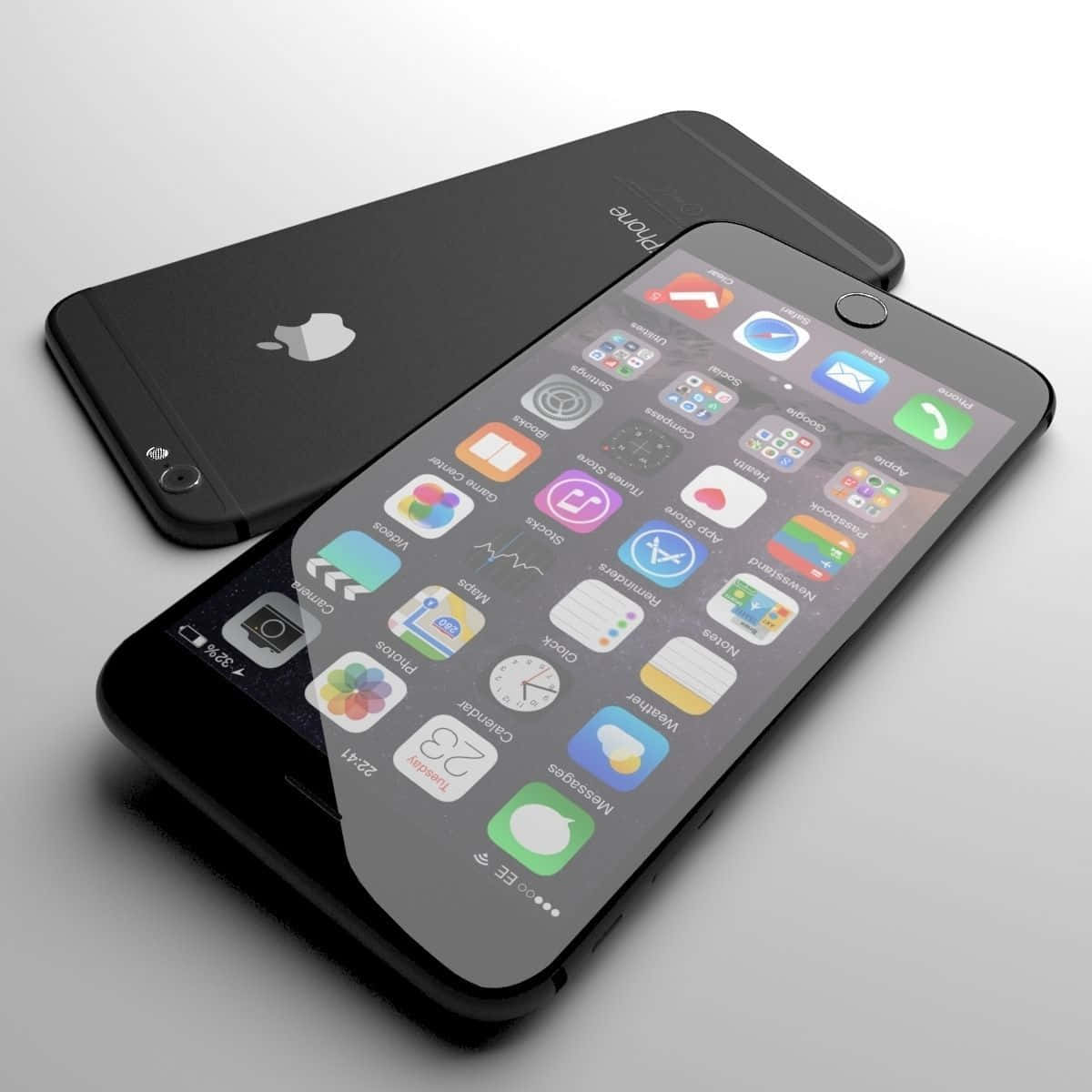 Apple Phone 桌布 壁紙 — 兩部時尚黑色iPhone，一部傾斜顯示主屏幕應用程式，另一部顯示背面帶有Apple標誌，置於簡約灰色表面上。