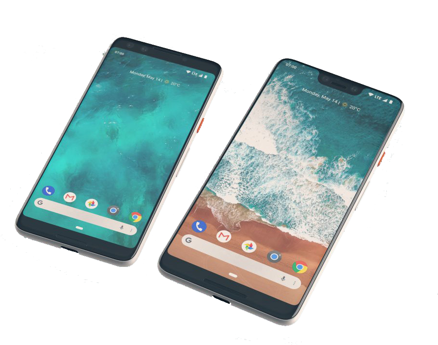Pixel 桌布 壁紙 — 兩部智慧型手機傾斜放在黑色背景上，顯示帶有狀態列和應用程式圖示的海洋波浪桌布。