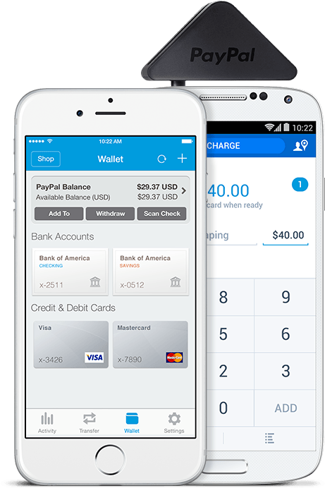 PayPal 桌布 壁紙 — 兩部智慧型手機在潔白背景上顯示PayPal錢包和充電畫面。